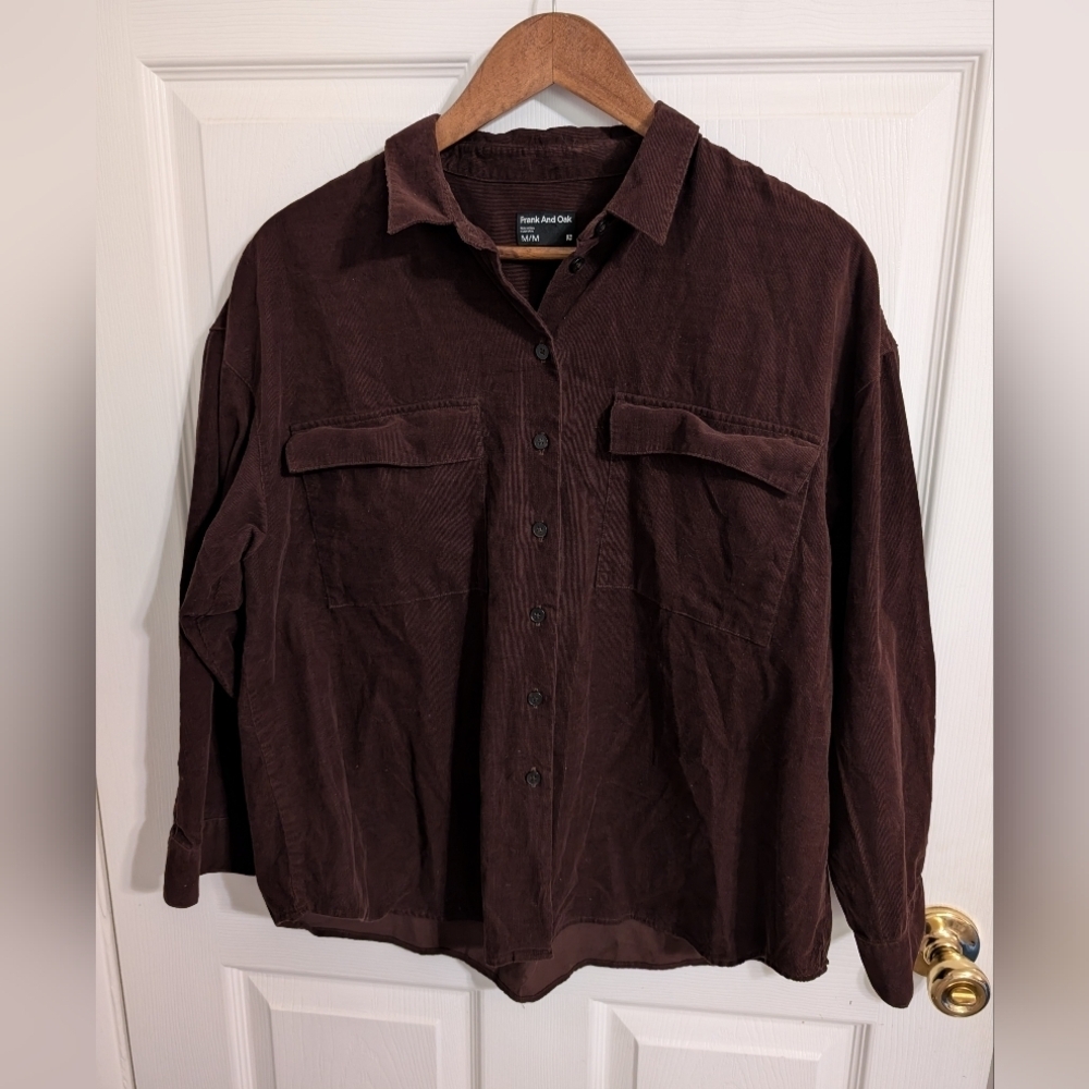 Frank And Oak Womens Top Brown Cordutoy Button Long Sleeve Shirt Size Medium